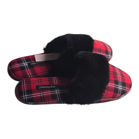 Victoria Secret Slippers Women Red/Black Plaid Fur Signature Mule Satin Sz M (8) - Picture 3 of 15